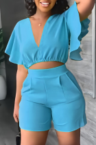 Blue Casual Solid Patchwork Pocket Flounce V Neck Short Sleeve Two Pieces Crop Tops Blouse And Shorts Sets