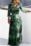 Cáqui elegante xadrez geométrico listrado bandagem patchwork fivela impressão camisa colarinho vestido estampado vestidos