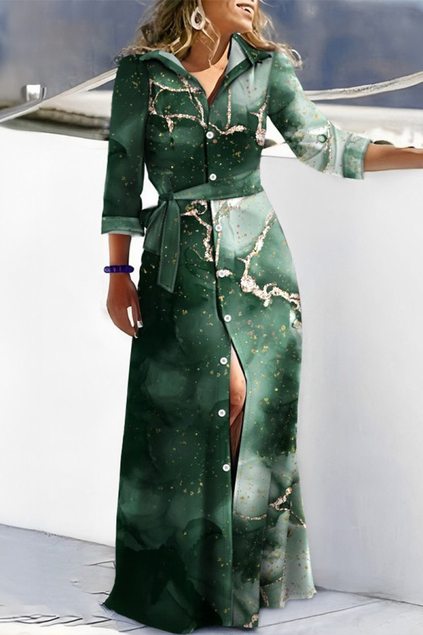 Groene elegante geruite geometrische gestreepte bandage patchwork gesp bedrukte overhemdkraag bedrukte jurkjurken