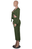 Army Green Sexy Celebrities Solid Tassel Hollowed Out Patchwork Cross Straps V Neck Long Sleeve Two Pieces