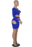 Blue Sexy Solid Hollowed Out Backless Oblique Collar Long Sleeve Dresses