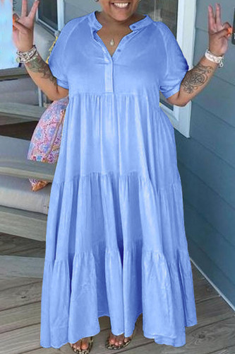Light Blue Casual Solid Patchwork Buttons Fold Turndown Collar Shirt Dress Plus Size Dresses