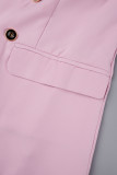 Pantalones cárdigan sólidos informales de color rojo rosa con cuello vuelto y manga larga de dos piezas