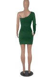 Army Green Sexy Solid Hollowed Out Backless Oblique Collar Long Sleeve Dresses