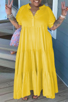 Желтое повседневное однотонное платье-рубашка в стиле пэчворк с отложным воротником и пуговицами Платья больших размеров