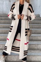 Cream White Casual Striped Patchwork Cardigan Collar Outerwear