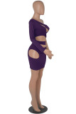 Purple Sexy Solid Hollowed Out Backless Oblique Collar Long Sleeve Dresses