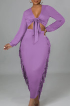 Purple Sexy Celebrities Solid Tassel Hollowed Out Patchwork Cross Straps V Neck Long Sleeve Two Pieces