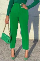Grüne, lässige, einfarbige Patchwork-Hose mit normaler hoher Taille und Bleistift