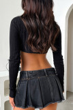 Tops de cintura alta con cuello redondo asimétrico de patchwork liso sexy negro