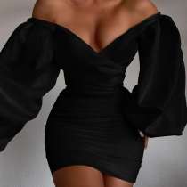 Black Sexy Solid Backless V Neck Long Sleeve Dresses