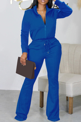 Blue Casual Solid Patchwork Zipper Collar Long Sleeve Two Pieces