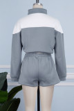 Grey Casual Patchwork Contrast Mandarin Collar Long Sleeve Two Pieces
