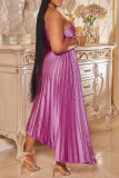 Rose violet décontracté solide évidé dos nu col Oblique robes plissées