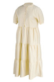 Gelbes, lässiges, solides Patchwork-Knöpfe-Falten-Hemdkleid mit Umlegekragen in Übergröße