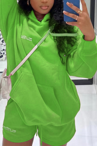 Green Casual Print Patchwork Hooded Collar Long Sleeve Two Pieces