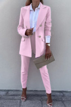 Pantalones cárdigan lisos informales de color rosa con cuello vuelto y manga larga de dos piezas
