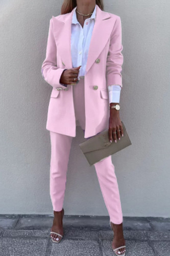 Pink Casual Solid Cardigan Pants Turn-back Collar Long Sleeve Two Pieces
