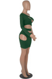 Army Green Sexy Solid Hollowed Out Backless Oblique Collar Long Sleeve Dresses