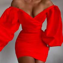 Rode sexy effen rugloze jurken met V-hals en lange mouwen