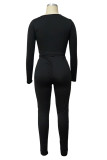 Black Sexy Casual Solid Patchwork Contrast Zipper O Neck Long Sleeve Two Pieces