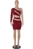 Red Sexy Solid Hollowed Out Backless Oblique Collar Long Sleeve Dresses
