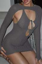 Grey Sexy Solid Bandage Hollowed Out See-through Backless O Neck Long Sleeve Two Pieces