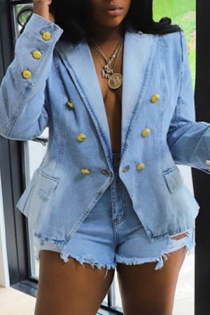 Light Blue Casual Solid Patchwork Turndown Collar Long Sleeve Regular Double Breasted Blazer Denim Jacket