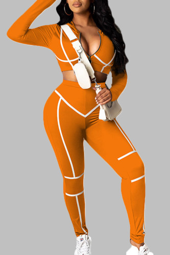 Tangerine Red Sexy Casual Solid Patchwork Contrast Zipper O Neck Long Sleeve Two Pieces