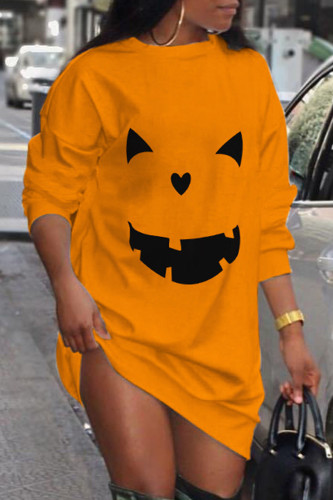 Orange Casual Print Basic O Neck Long Sleeve Dresses