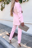 Roze Casual Solid Cardigan Broek Turn-back Kraag Lange mouw Twee stukken