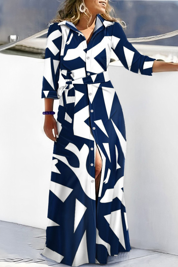 チベットブルーのエレガントなチェック柄幾何ストライプ包帯パッチワークバックル印刷シャツ襟プリントドレスドレス