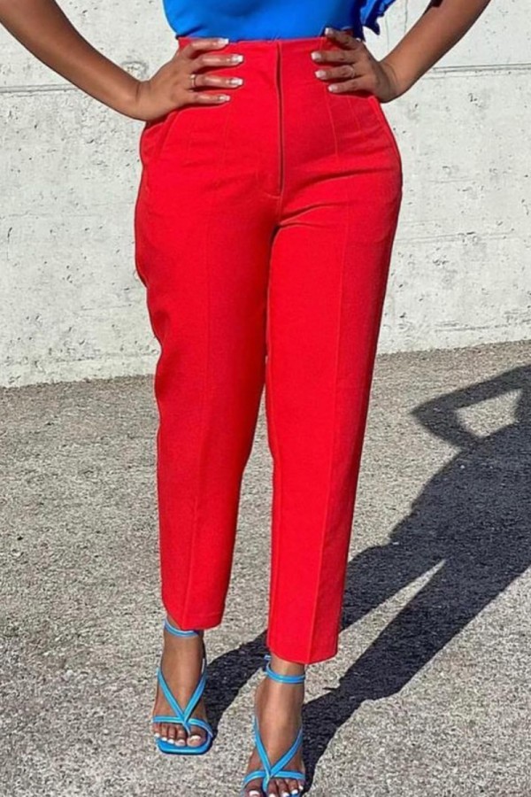Pantalon décontracté solide patchwork taille haute crayon couleur unie rouge