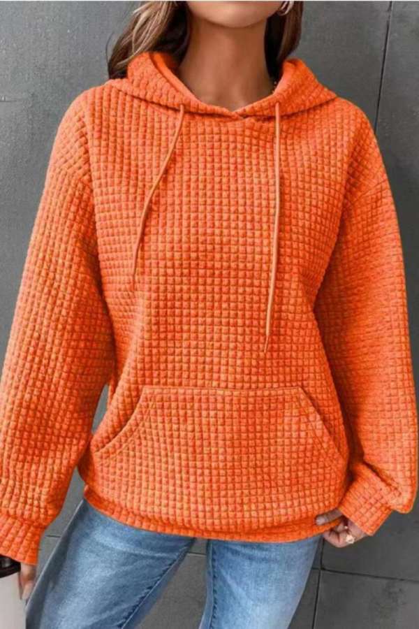 Tangerine Red Casual Solid Basic Hooded Collar Tops