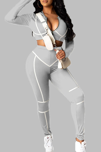 Light Gray Sexy Casual Solid Patchwork Contrast Zipper O Neck Long Sleeve Two Pieces