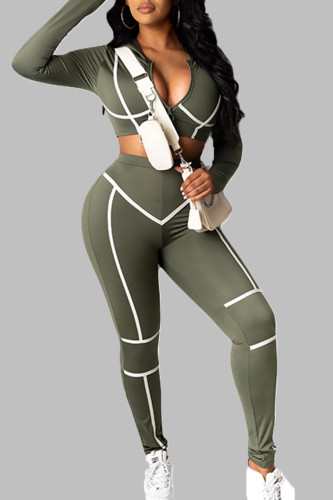 Army Green Sexy Casual Solid Patchwork Contrast Zipper O Neck Long Sleeve Two Pieces