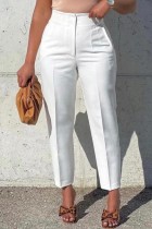 Branco casual sólido retalhos regular cintura alta lápis calças de cor sólida