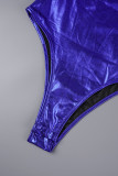 Синий сексуальный повседневный однотонный с открытой спиной и косым воротником без рукавов из двух частей