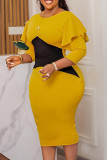 Желтые повседневные лоскутные платья с длинным рукавом и контрастным круглым вырезом в стиле пэчворк