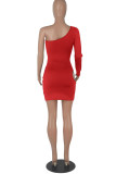 Red Sexy Solid Hollowed Out Backless Oblique Collar Long Sleeve Dresses
