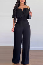 Black Casual Work Solid Patchwork Backless V Neck Straight Jumpsuits