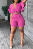 Rose Red Casual Solid Patchwork Pocket Flounce V Neck Short Sleeve Two Pieces Crop Tops Blouse And Shorts Sets