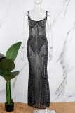 Vestido largo con tiras finas sin espalda transparente con perforaciones en caliente de retazos albaricoque Vestidos