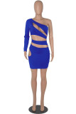 Blue Sexy Solid Hollowed Out Backless Oblique Collar Long Sleeve Dresses