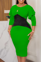 Зеленые повседневные лоскутные платья с длинным рукавом и контрастным круглым вырезом