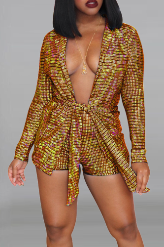 Gold Sexy Bronzing Bandage Patchwork Turndown Collar Long Sleeve Two Pieces
