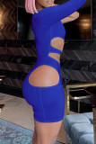 Синие сексуальные однотонные платья с открытой спиной и косым воротником с длинными рукавами