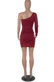 Burgundy Sexy Solid Hollowed Out Backless Oblique Collar Long Sleeve Dresses