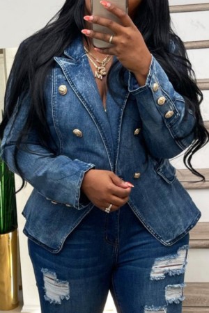 Deep Blue Casual Solid Patchwork Turndown Collar Long Sleeve Regular Double Breasted Blazer Denim Jacket