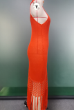 Мандариново-красные повседневные однотонные платья-юбки с кисточками и открытой спиной на тонких бретельках